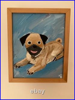 Folk Art Painting of a Pug Acrylic in Shadow Box Frame by Yutaka Fujita 2003