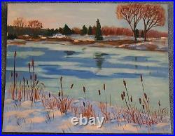 Folk Art Pond Lake Houses Cattails Autumn Winter Landscape New England Painting