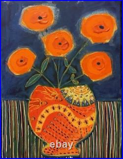 Folk Art Poppies 11x14 On Canvas Mixed Media (vase Is Found Paper)
