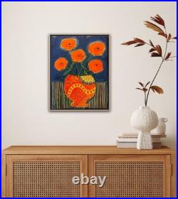 Folk Art Poppies 11x14 On Canvas Mixed Media (vase Is Found Paper)