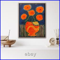 Folk Art Poppies 11x14 On Canvas Mixed Media (vase Is Found Paper)