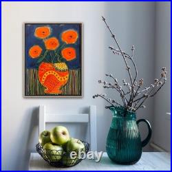 Folk Art Poppies 11x14 On Canvas Mixed Media (vase Is Found Paper)