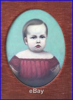 Folk Art Portrait of a Child Painting Oil on Canvas Circa 1850