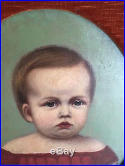 Folk Art Portrait of a Child Painting Oil on Canvas Circa 1850