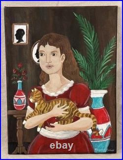 Folk Art Portrait of a Young Girl and Cat Oil Painting by Richard E. Roebuck