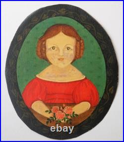 Folk Art Portrait of a young lady in a red dress Primitive School