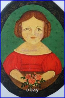 Folk Art Portrait of a young lady in a red dress Primitive School