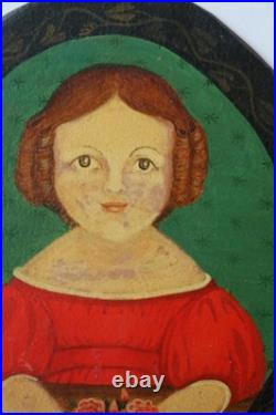 Folk Art Portrait of a young lady in a red dress Primitive School