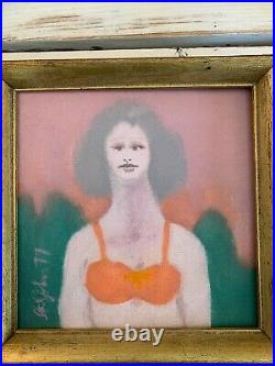 Folk Art Primitive Painting Portrait Woman Girl Bathing Suit Bra Signed Framed