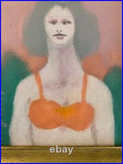 Folk Art Primitive Painting Portrait Woman Girl Bathing Suit Bra Signed Framed