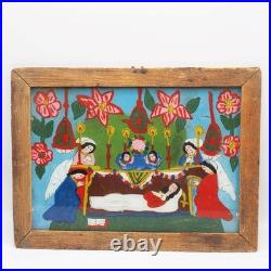 Folk Art Reverse Glass Painting Angels Praying Woman in Coffin Latin American