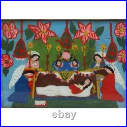 Folk Art Reverse Glass Painting Angels Praying Woman in Coffin Latin American