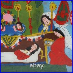 Folk Art Reverse Glass Painting Angels Praying Woman in Coffin Latin American