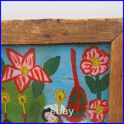 Folk Art Reverse Glass Painting Angels Praying Woman in Coffin Latin American
