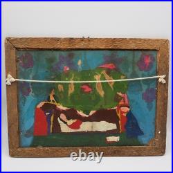 Folk Art Reverse Glass Painting Angels Praying Woman in Coffin Latin American