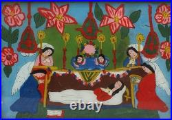 Folk Art Reverse Painting Glass Framed Art Angels Praying Over Woman In Coffin