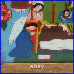 Folk Art Reverse Painting Glass Framed Art Angels Praying Over Woman In Coffin