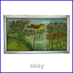Folk Art Reverse Painting Glass Framed Bird in Trees