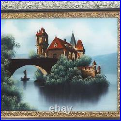 Folk Art Reverse Painting on Glass Ornate Wood Frame Framed Art