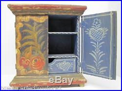 Folk Art Small Hand Painted Wooden Two Door Box Drawer Shelves Floral Hearts