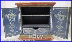 Folk Art Small Hand Painted Wooden Two Door Box Drawer Shelves Floral Hearts