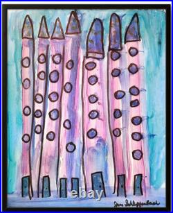Folk Art Tall City Buildings 14X11 Signed Colorful Original Art Home Decor COA