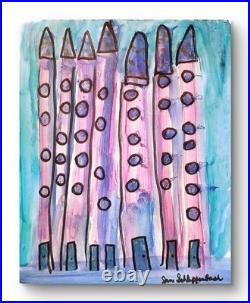 Folk Art Tall City Buildings 14X11 Signed Colorful Original Art Home Decor COA