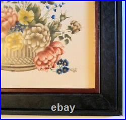 Folk Art Theorem Painting On Velvet Flowers In Basket Signed DeVerter 1980
