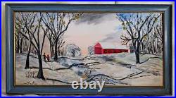 Folk Art Vintage Winter Snow Painting Couple Strolling Farm Red Barn Rural SaR0
