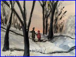 Folk Art Vintage Winter Snow Painting Couple Strolling Farm Red Barn Rural SaR0