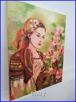 Folk Art female painting on canvas Women with flowers Houseworming Artwork Decor