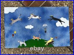 Folk Outsider Naive Art Painting Dogs Cats on Wood Board 15x24 Unsigned