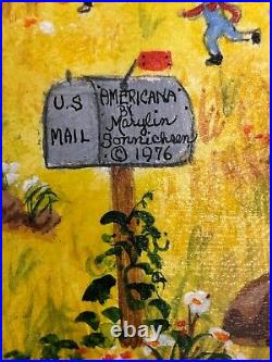 Folk art Painting by Marylin Sonnichsen Title Americana signed in 1976 framed