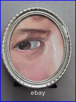 Folk art Painting of an eye in Sterling Silver frame from prominent estate