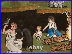 Folk art original oil painting 1969 Signed Kristin Miller Lobo 18 X 14