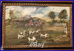 Fox Hound Hunt Folk Art Painting Antique Primitive Signed Beauregard 24X36