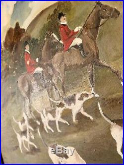 Fox Hound Hunt Folk Art Painting Antique Primitive Signed Beauregard 24X36