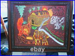 Framed Folk Art Painting Firefighters House Fire Scene Fire Truck 16x20 Framed