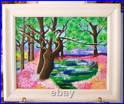 Framed Signed Folk Art Acrylic Painting Flower Forest Landscape Scene By Beily