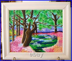 Framed Signed Folk Art Acrylic Painting Flower Forest Landscape Scene By Beily
