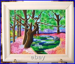 Framed Signed Folk Art Acrylic Painting Flower Forest Landscape Scene By Beily