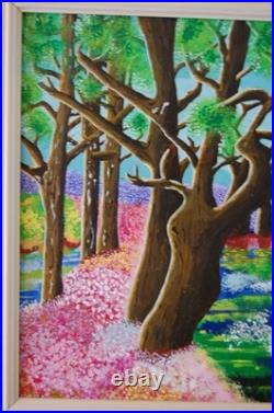 Framed Signed Folk Art Acrylic Painting Flower Forest Landscape Scene By Beily