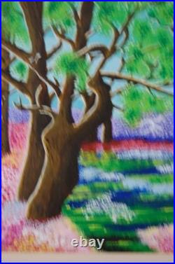 Framed Signed Folk Art Acrylic Painting Flower Forest Landscape Scene By Beily