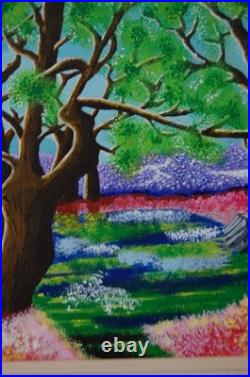 Framed Signed Folk Art Acrylic Painting Flower Forest Landscape Scene By Beily