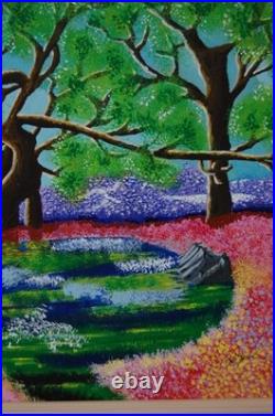 Framed Signed Folk Art Acrylic Painting Flower Forest Landscape Scene By Beily