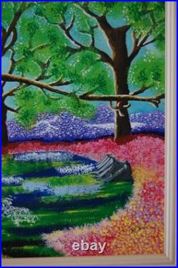Framed Signed Folk Art Acrylic Painting Flower Forest Landscape Scene By Beily