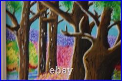 Framed Signed Folk Art Acrylic Painting Flower Forest Landscape Scene By Beily