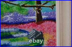 Framed Signed Folk Art Acrylic Painting Flower Forest Landscape Scene By Beily