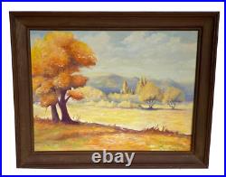 Framed Vintage Folk Art Oil Landscape Painting Signed Rose 28 by 22