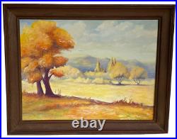 Framed Vintage Folk Art Oil Landscape Painting Signed Rose 28 by 22